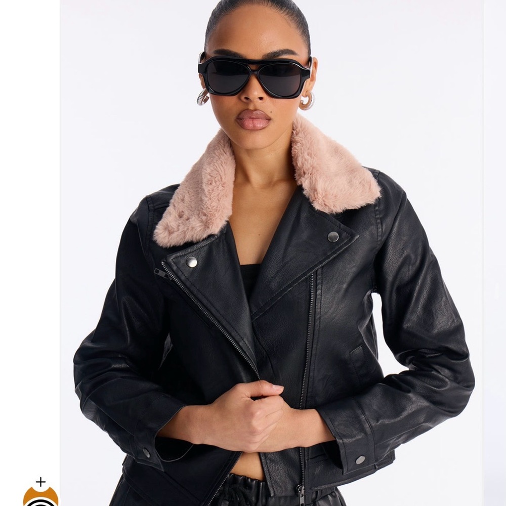 Fashion Nova Black Leather Jacket with Pink Collar